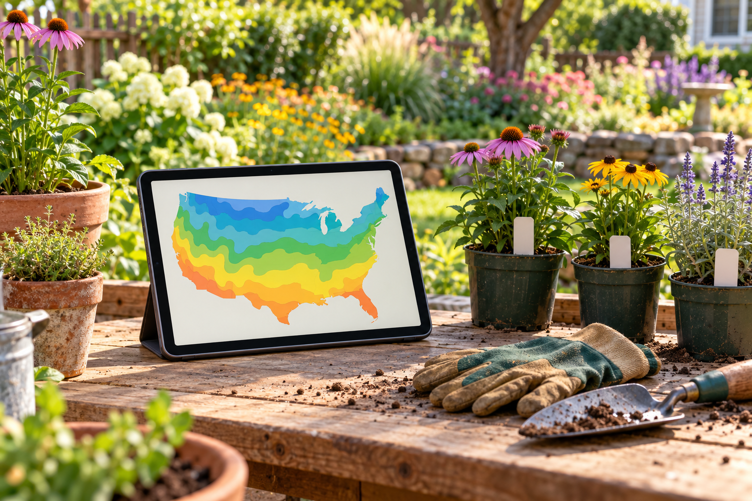 Tablet showing a colorful hardiness zone map beside potted perennials on a garden workbench