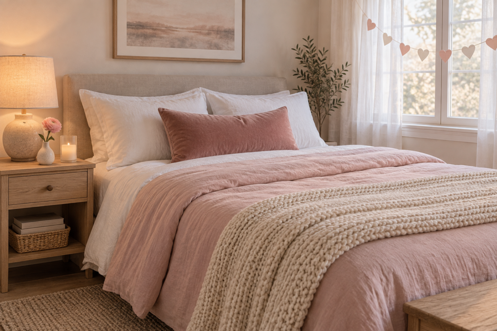 Romantic bedroom with blush linen bedding, a velvet pillow, a bud vase with ranunculus, a warm lamp, and a paper heart garland at the window