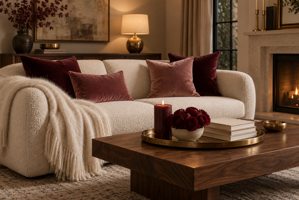 Living room styled with burgundy and dusty rose velvet pillows, an ivory throw, and a brass tray with a candle and red ranunculus