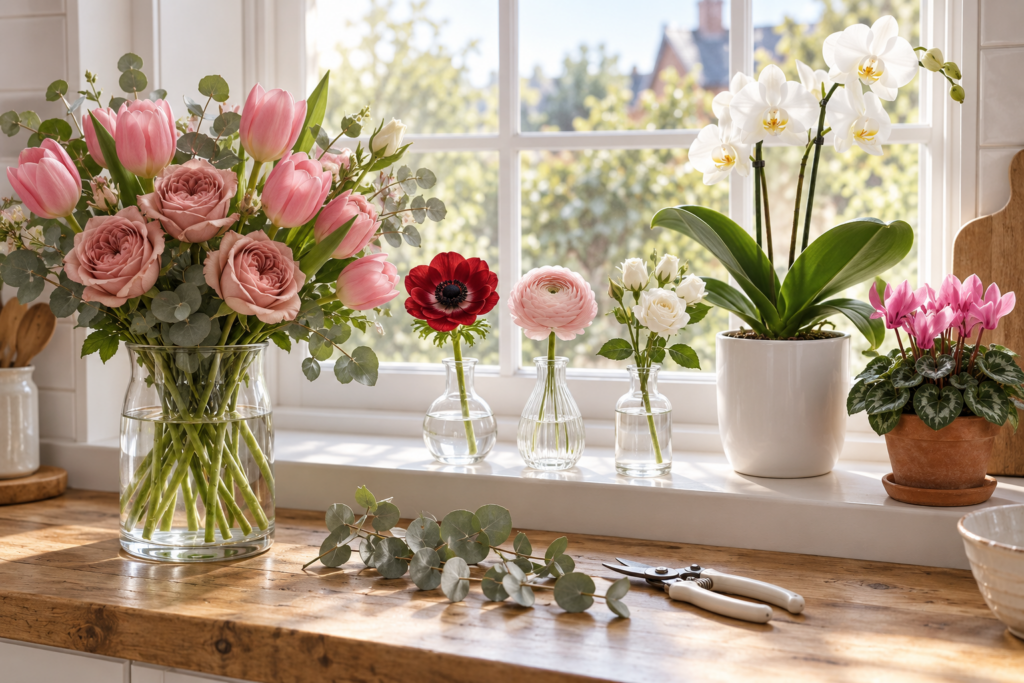 Windowsill with pink tulips and roses, bud vases of anemones and ranunculus, a white orchid, and a pink cyclamen