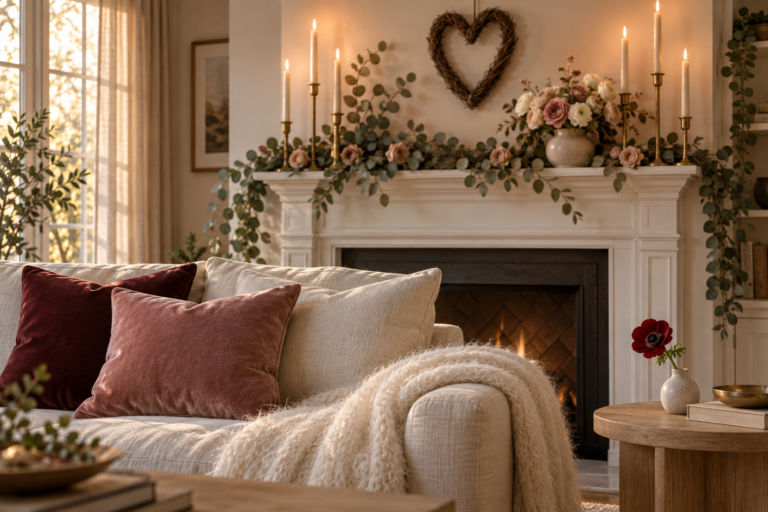 Romantic living room with a eucalyptus and dried rose mantel garland, taper candles, pink roses, and velvet pillows in rose and burgundy