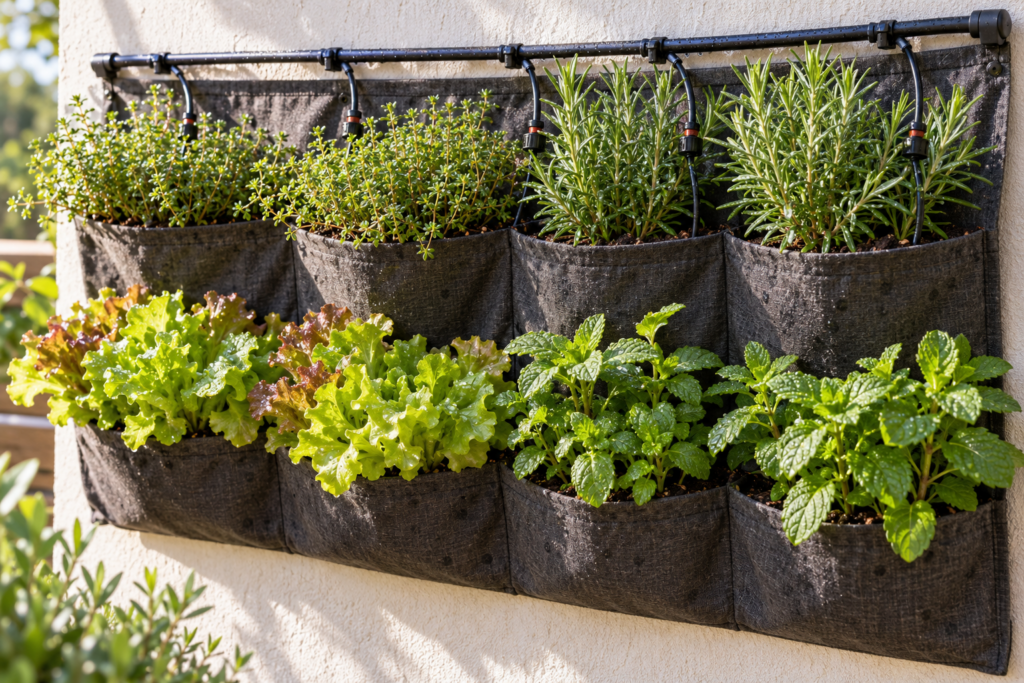 Pocket planter with drip irrigation, drought-tolerant herbs at the top and lettuce and mint below