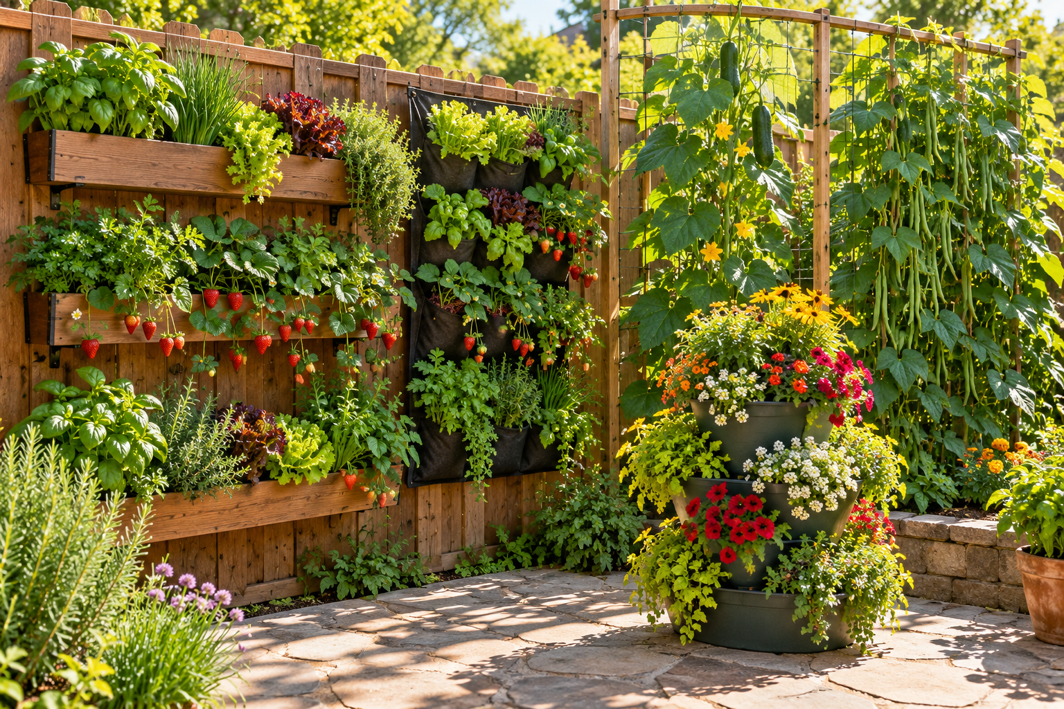 Vertical gardening systems on a backyard fence with wall planters, pocket planters, a bean trellis, and a tiered tower