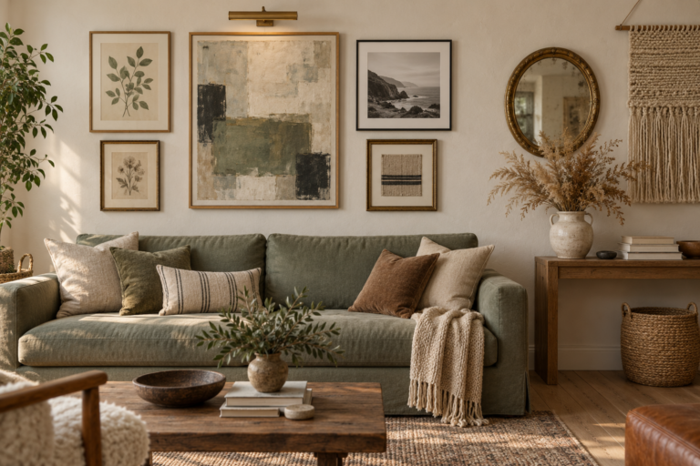 Living room gallery wall with mixed oak, black and gold frames, a round mirror and a woven wall hanging above a sage sofa