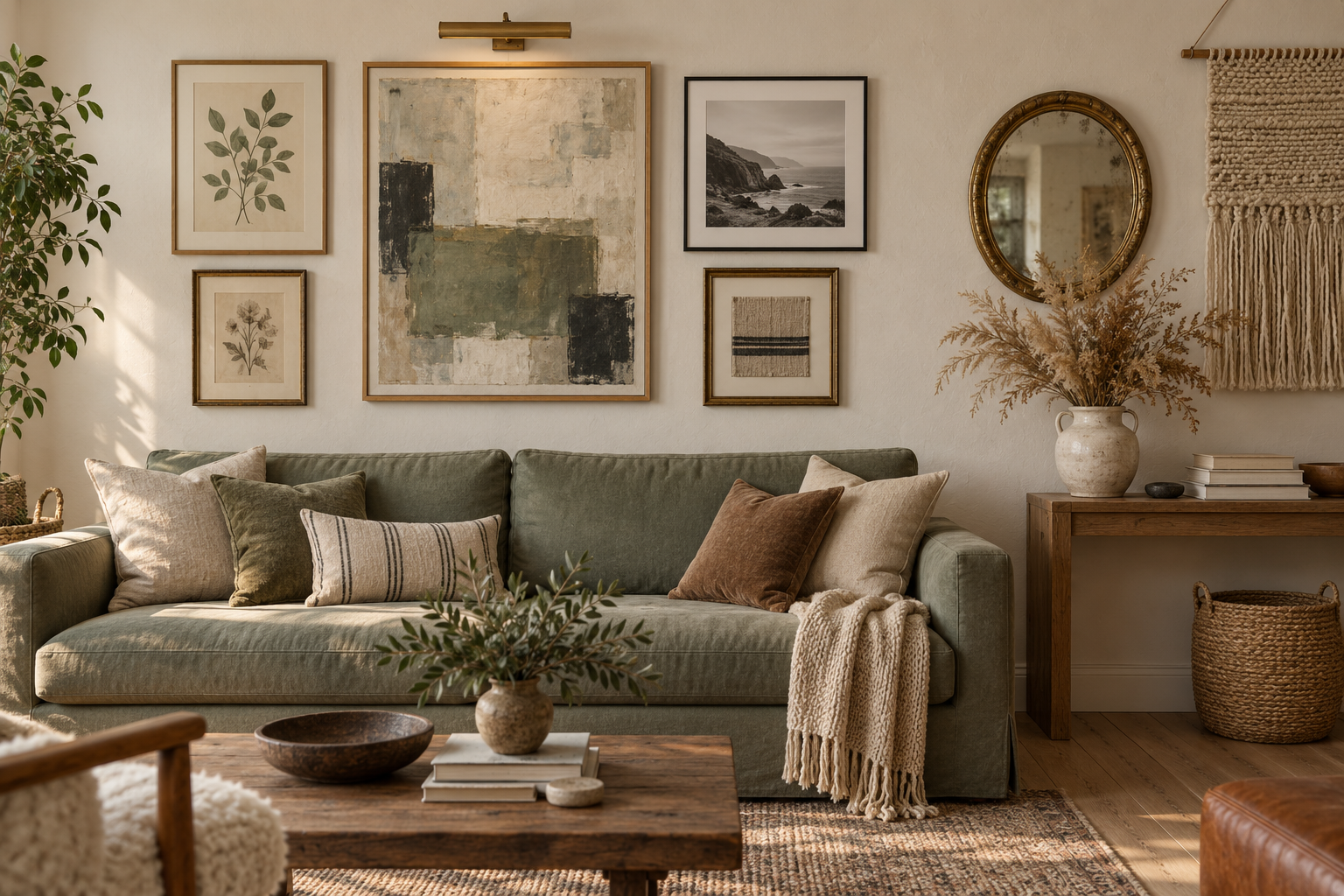 Living room gallery wall with mixed oak, black and gold frames, a round mirror and a woven wall hanging above a sage sofa