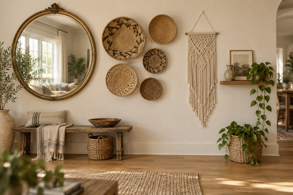 Wall styled with an antique round mirror, a cluster of woven baskets, a macramé hanging and a floating picture ledge