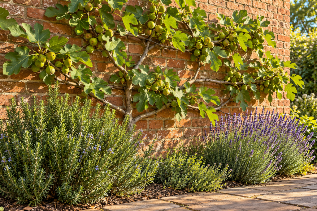 Fig tree, rosemary, and lavender thriving in the warm microclimate of a sunny brick wall