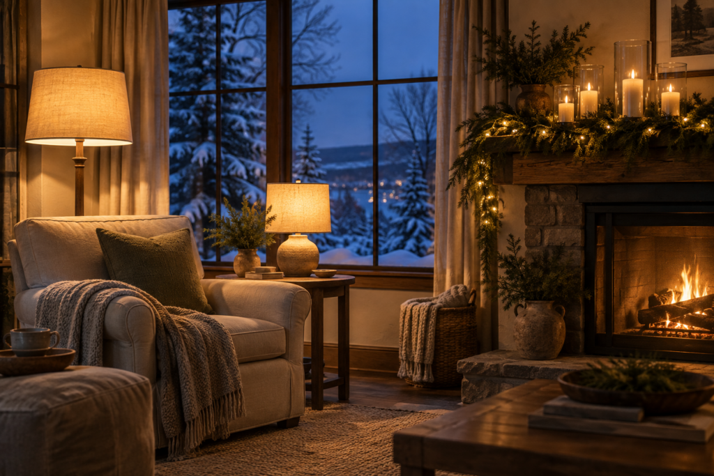 Living room lit by warm lamps, candles, and white string lights on a mantel during a winter evening