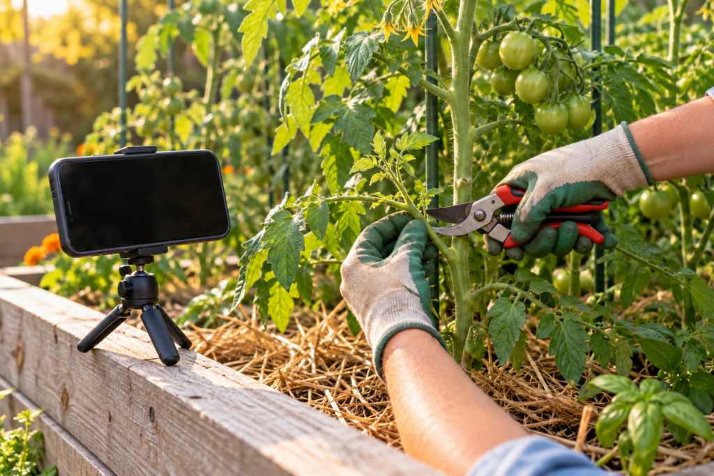 Smartphone on a tripod beside a raised bed while gloved hands prune a tomato plant
