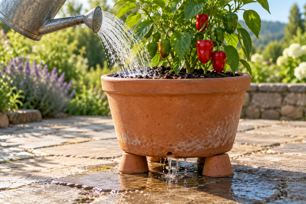 Watering a potted pepper plant thoroughly until water drains from the bottom of the terracotta pot
