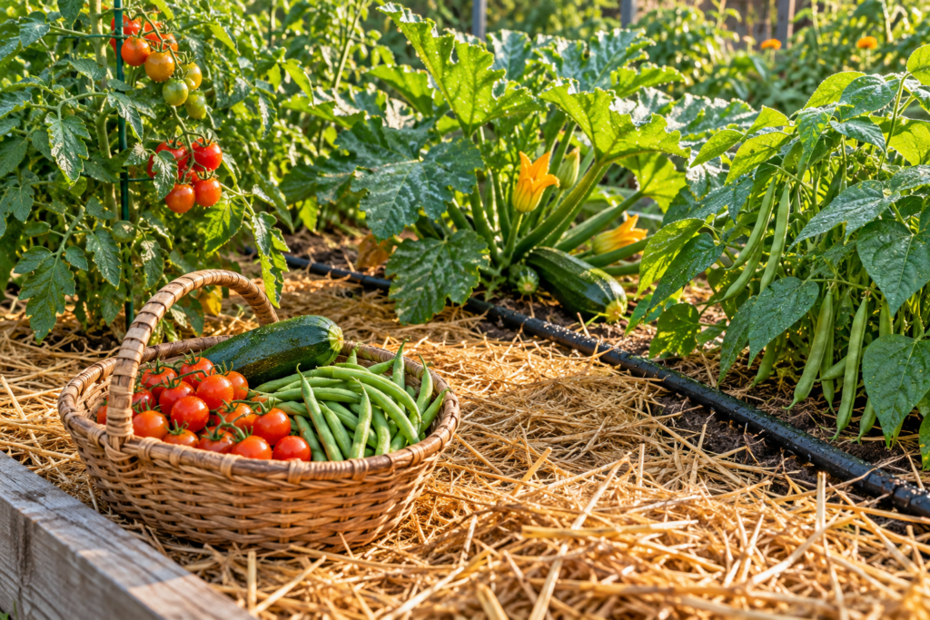 Straw-mulched vegetable bed with a soaker hose and a basket of freshly harvested tomatoes, beans, and zucchini