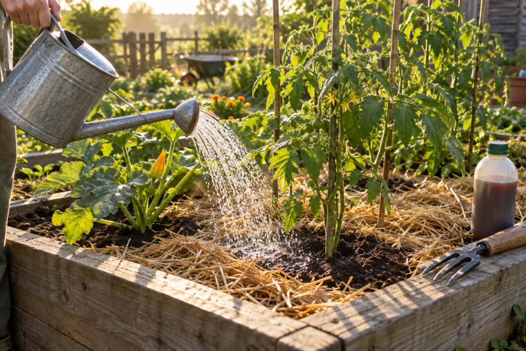 Watering young courgette and tomato plants at the base in a straw-mulched raised bed in early morning light