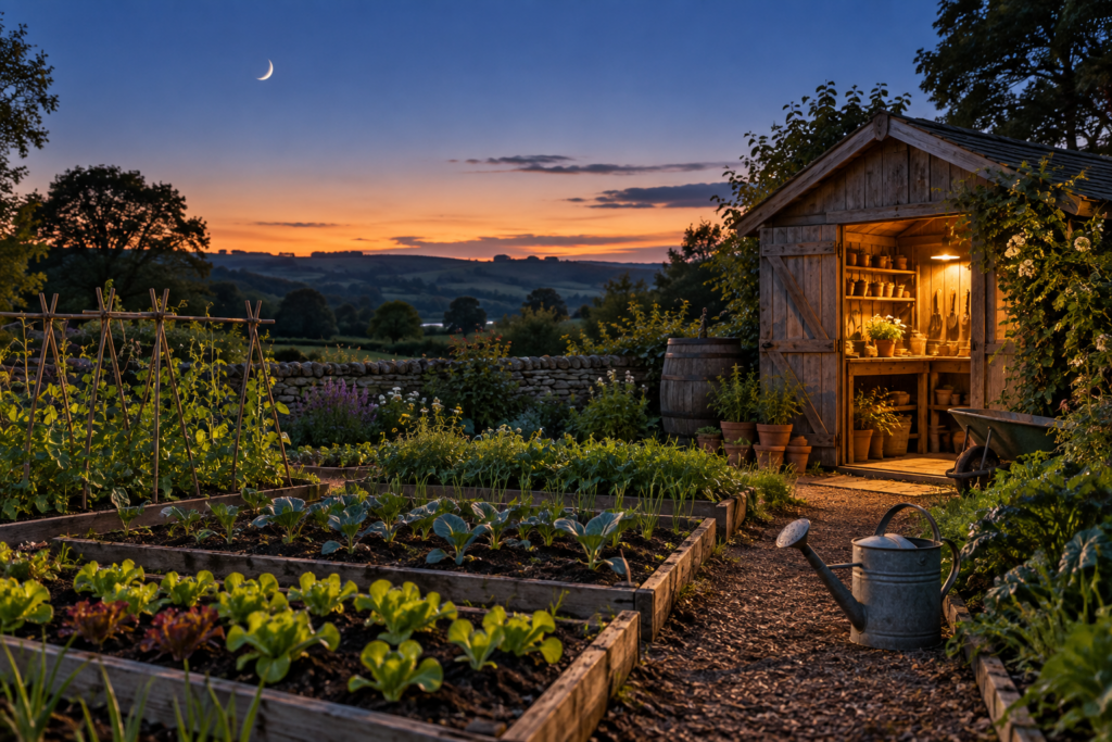 Kitchen garden at dusk with a waxing crescent moon above a potting shed and rows of young seedlings
