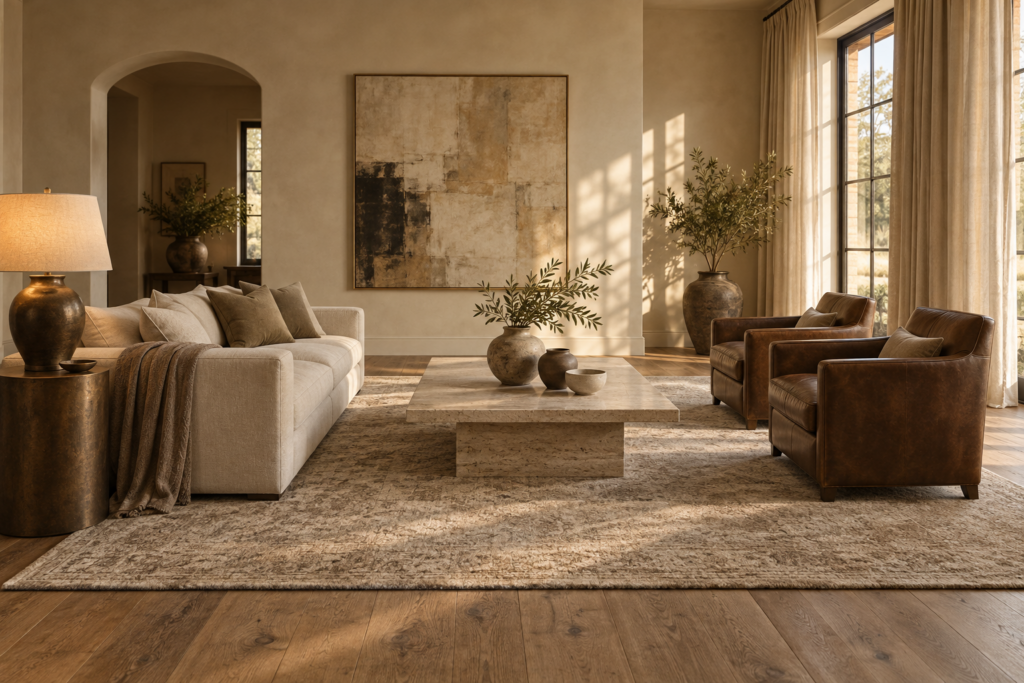 Calm high-end sitting room with correctly scaled rug, floor-length linen curtains and layered warm lighting