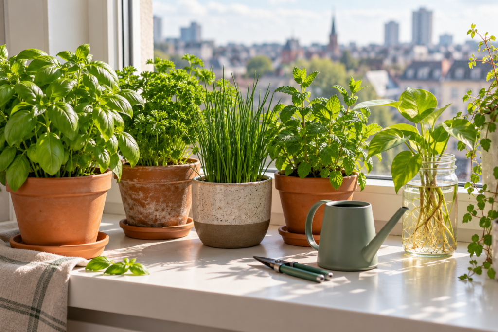 Apartment windowsill with pots of basil, parsley, chives and mint beside a cutting rooting in a glass jar