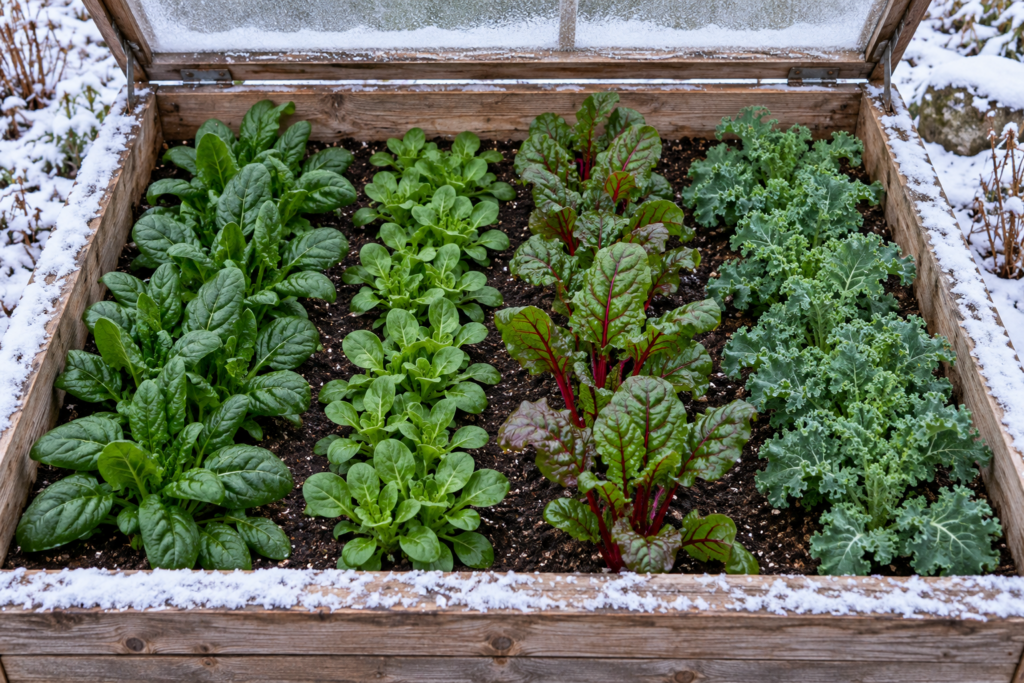 Winter cold frame filled with spinach, corn salad, chard, and kale surrounded by light snow