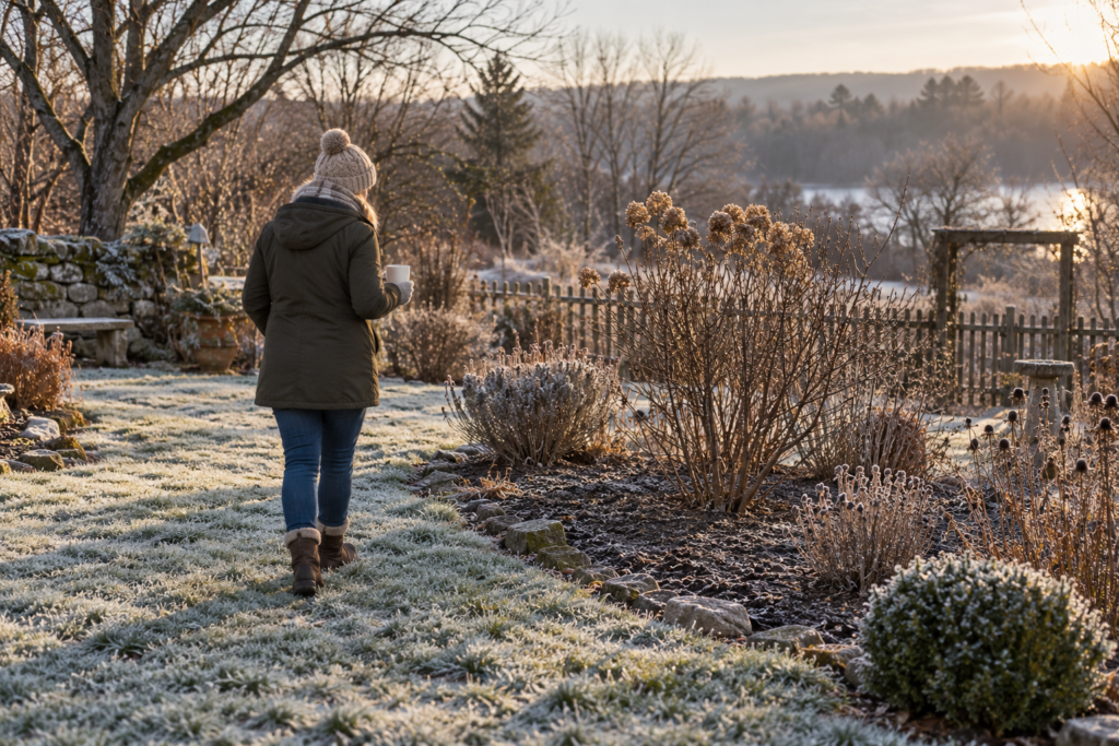 Person in a warm jacket walking through a frosty winter garden with a mug, looking at bare beds and shrubs