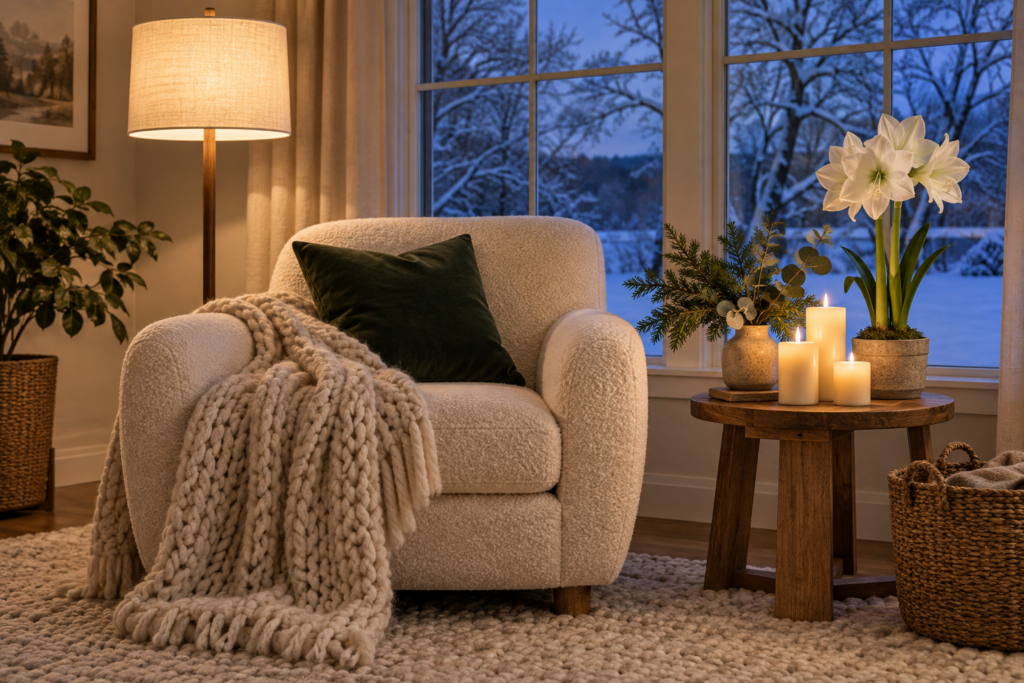 Cozy winter reading corner with a knit throw, velvet pillow, warm floor lamp, candles, evergreens, and blooming amaryllis