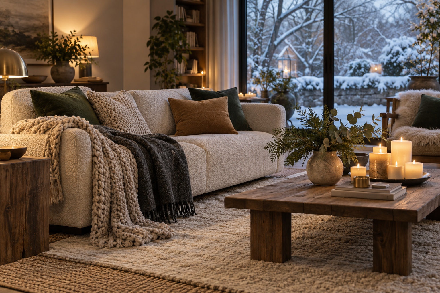 Cozy winter living room with layered knit throws, candles, evergreen branches, and a snowy view through the window