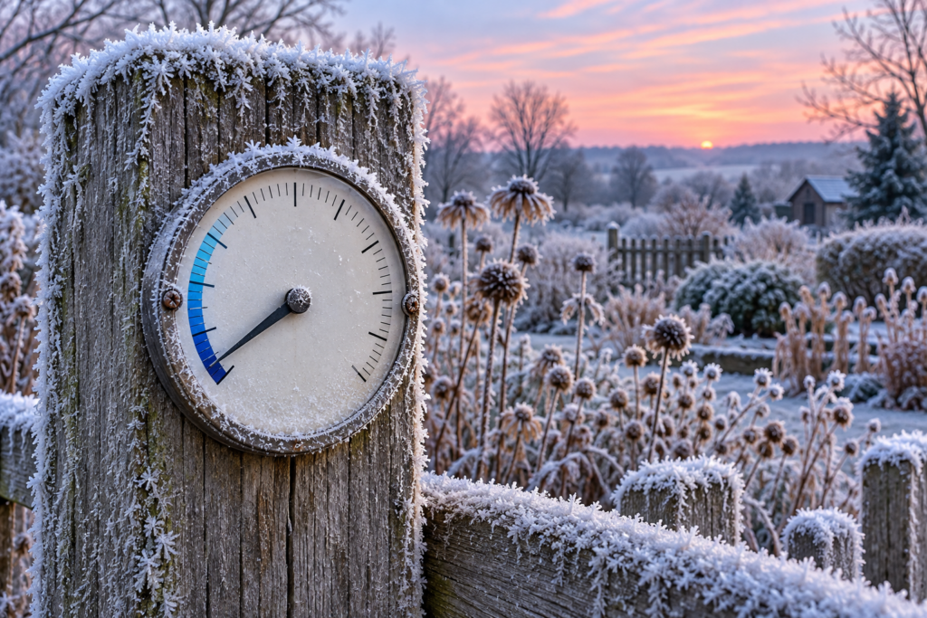 Outdoor thermometer showing a below-freezing temperature in a frosty winter garden at dawn