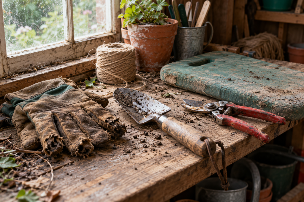 Worn gloves, a scratched trowel, sap-stained secateurs and a faded kneeling pad on a garden shed bench