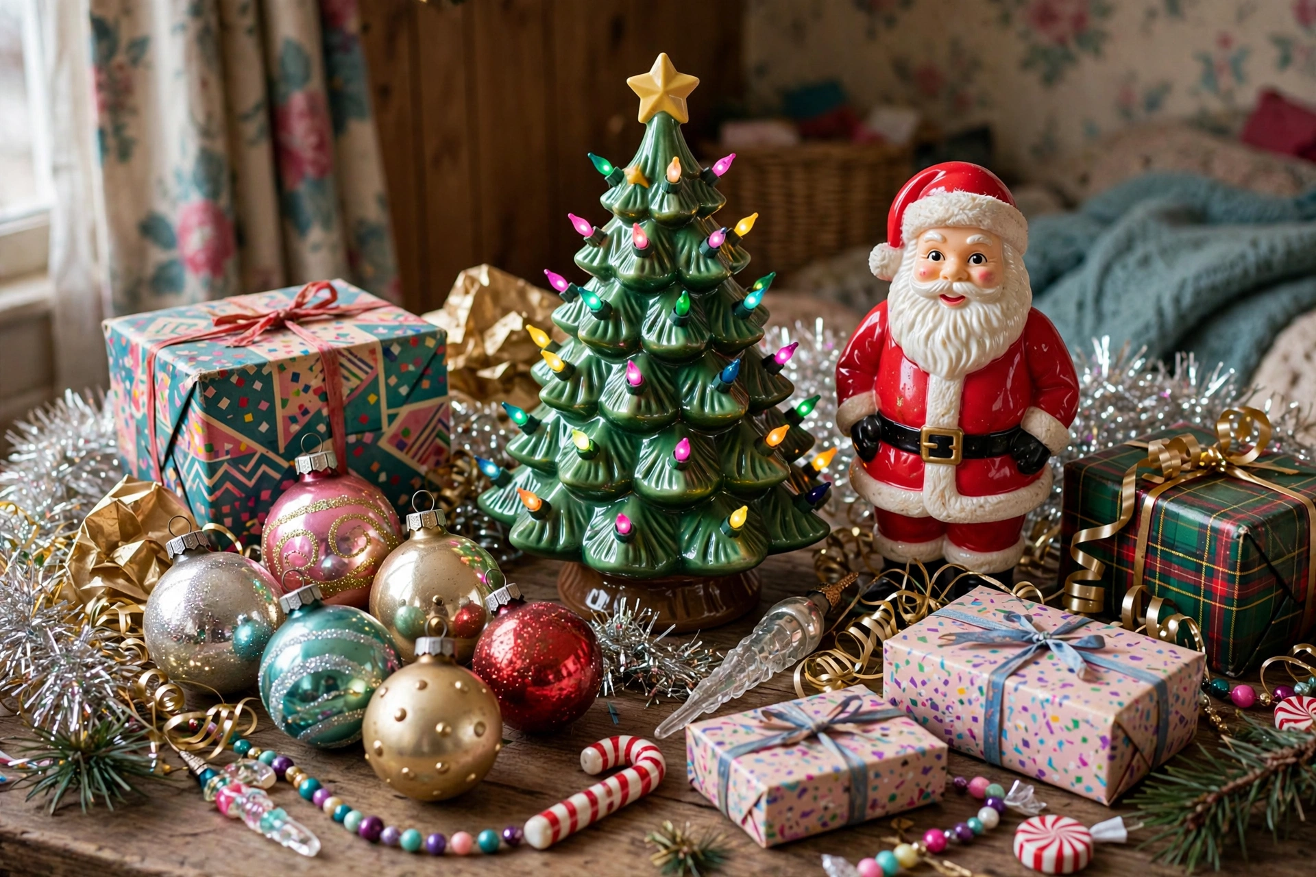 Vintage 90s Christmas kitsch ornaments including Shiny Brite balls and ceramic tree
