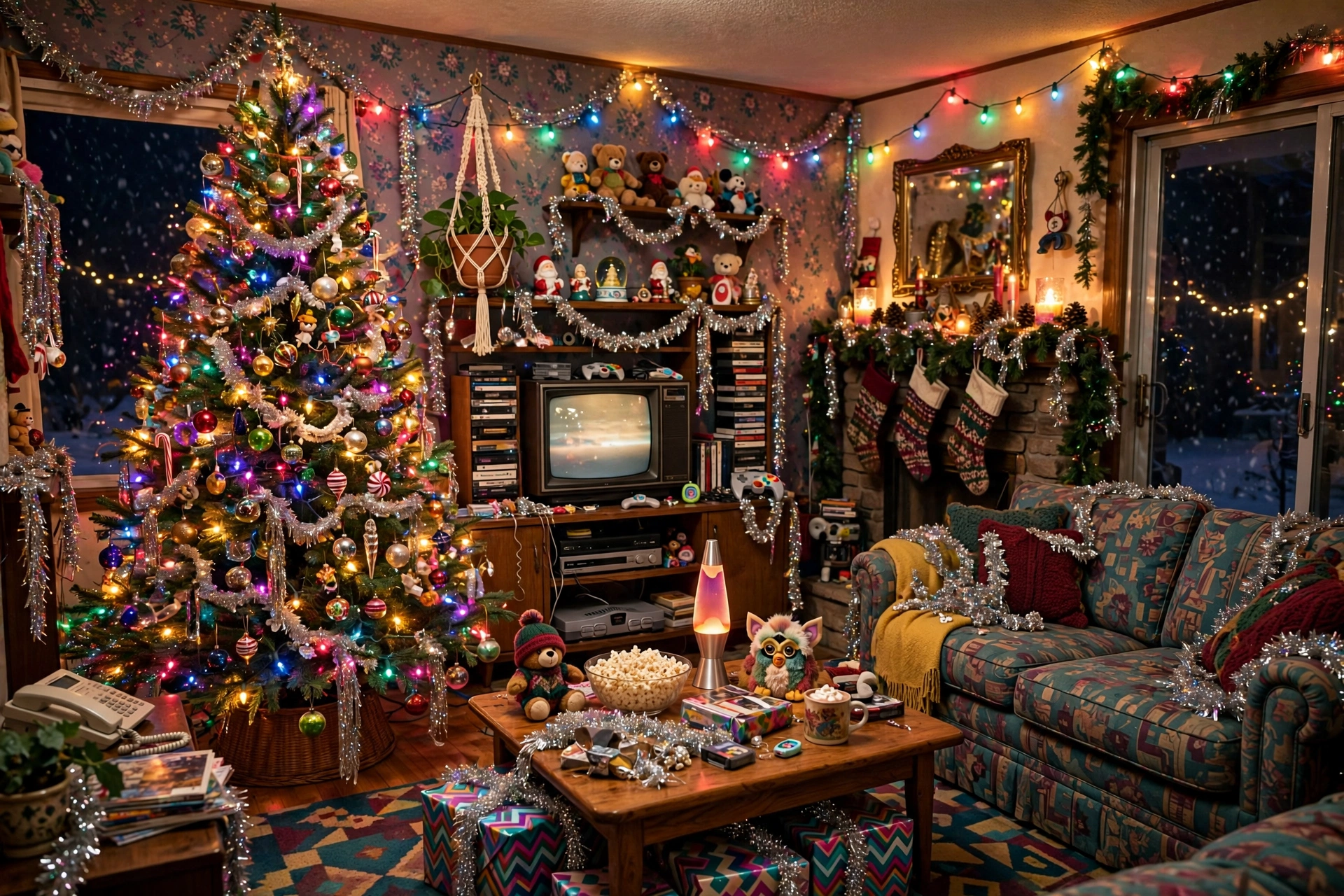 90s nostalgia Christmas living room glowing at night with family