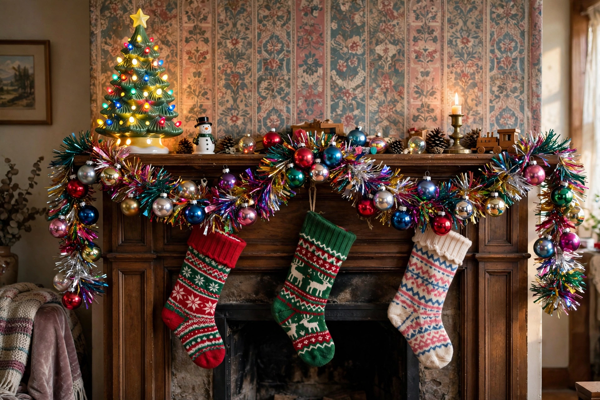 90s style Christmas mantel with tinsel garland and ceramic tree