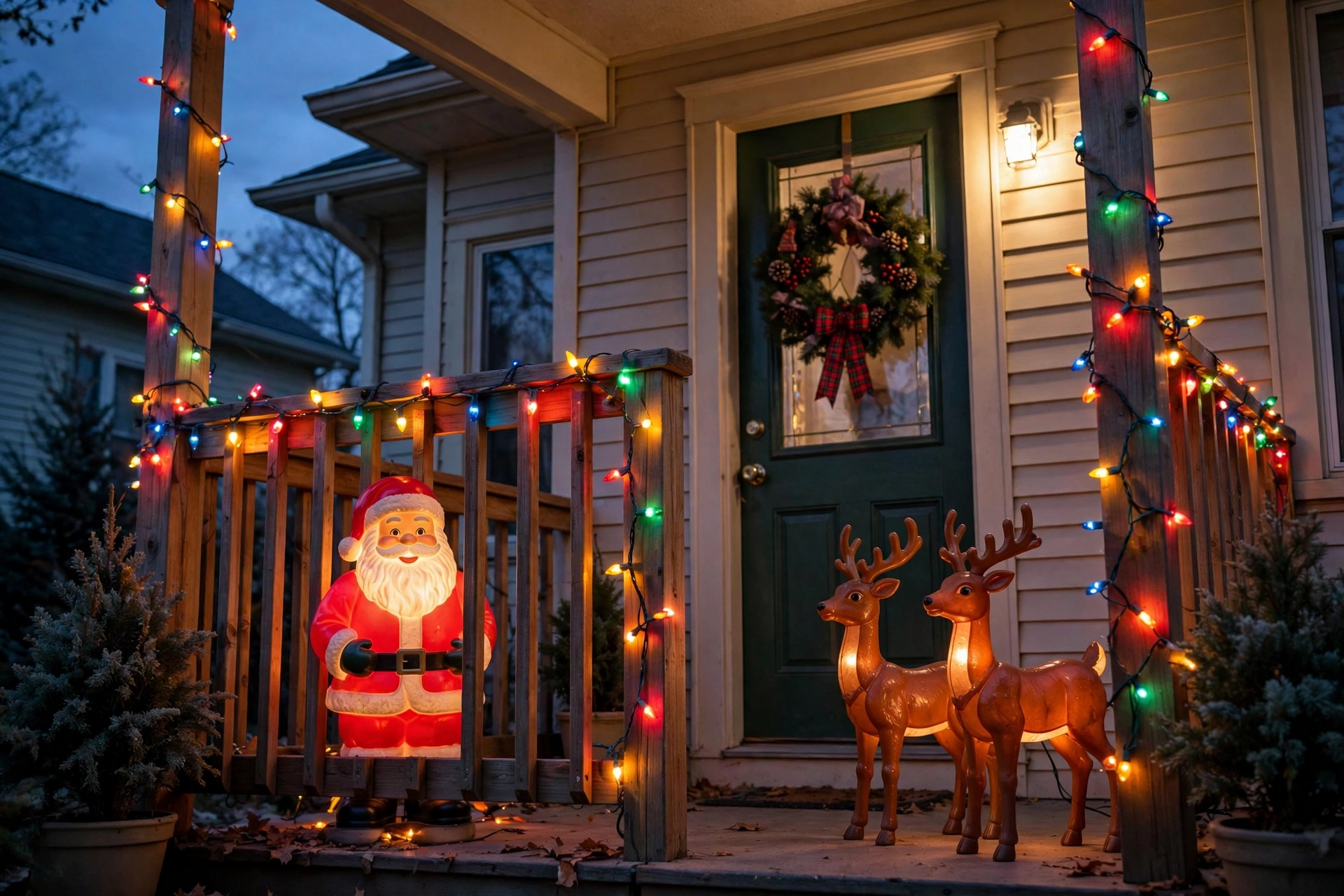 90s Christmas front porch with blow mold figures and multicolor lights