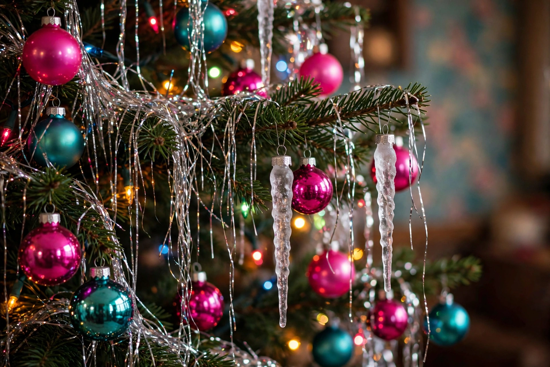 Close-up of 90s style Christmas tree with icicle tinsel and Shiny Brite ornaments