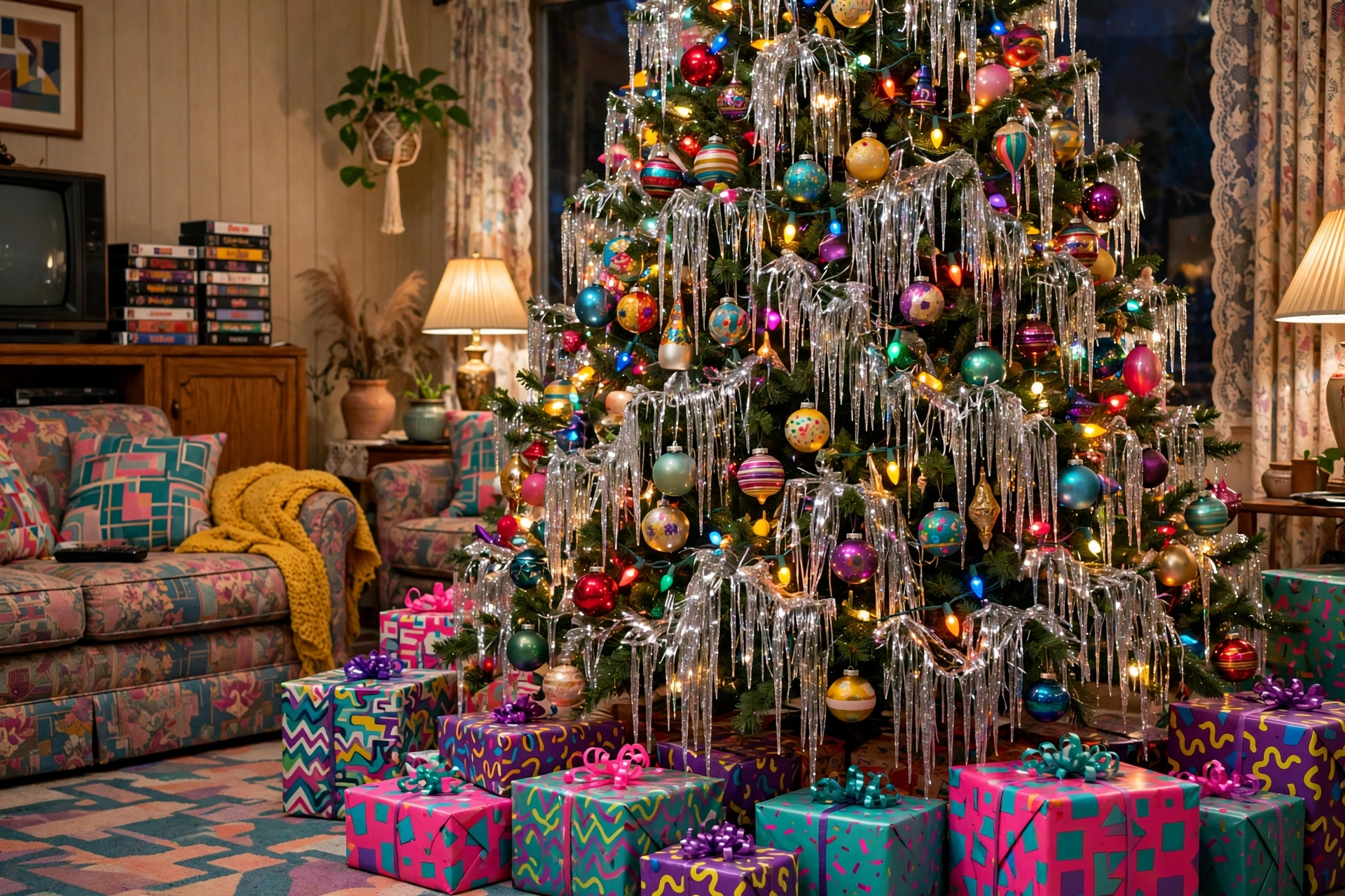 Fully decorated 90s maximalist Christmas tree with tinsel and colorful lights
