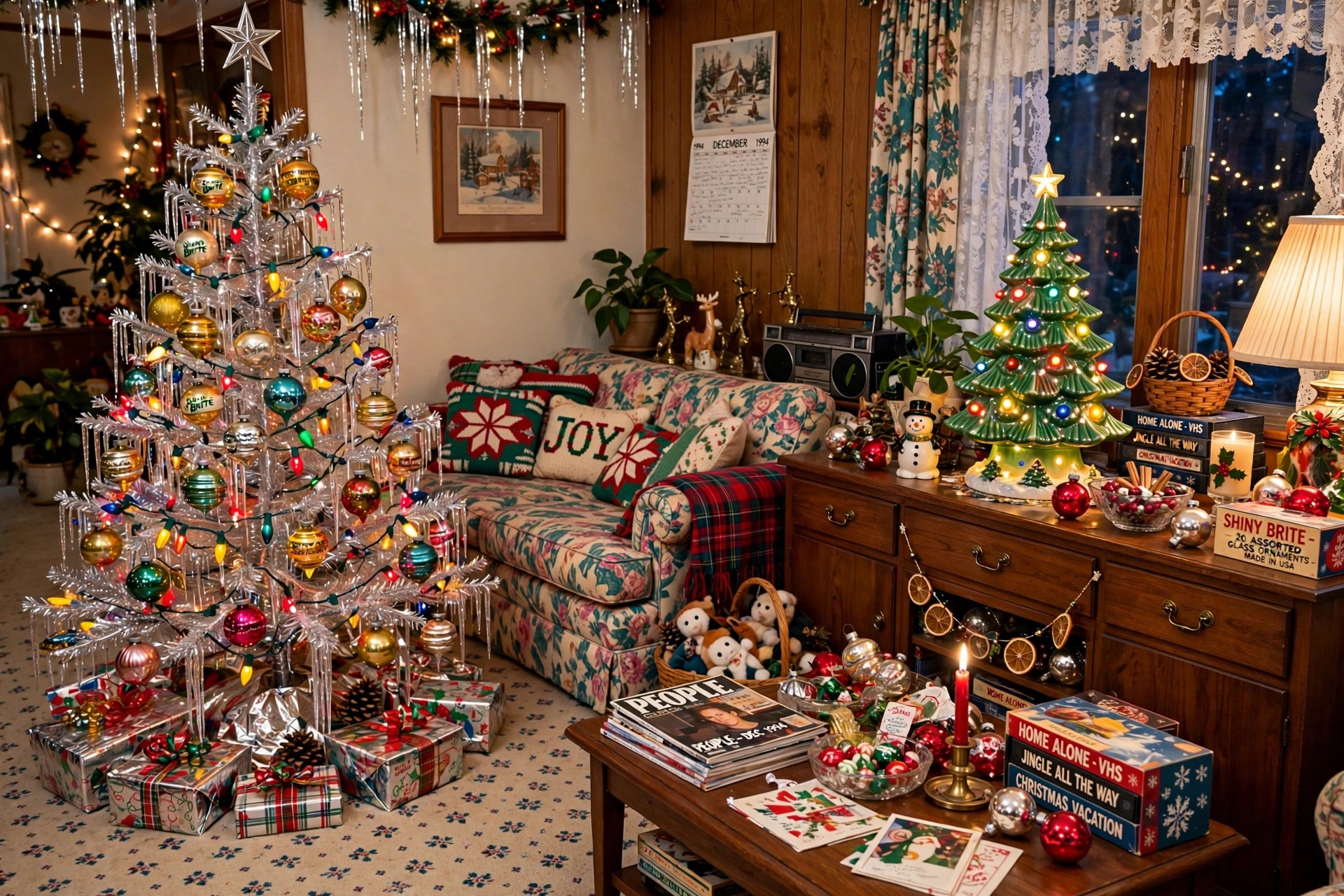 90s nostalgia Christmas living room with aluminum tree, tinsel, and colorful lights