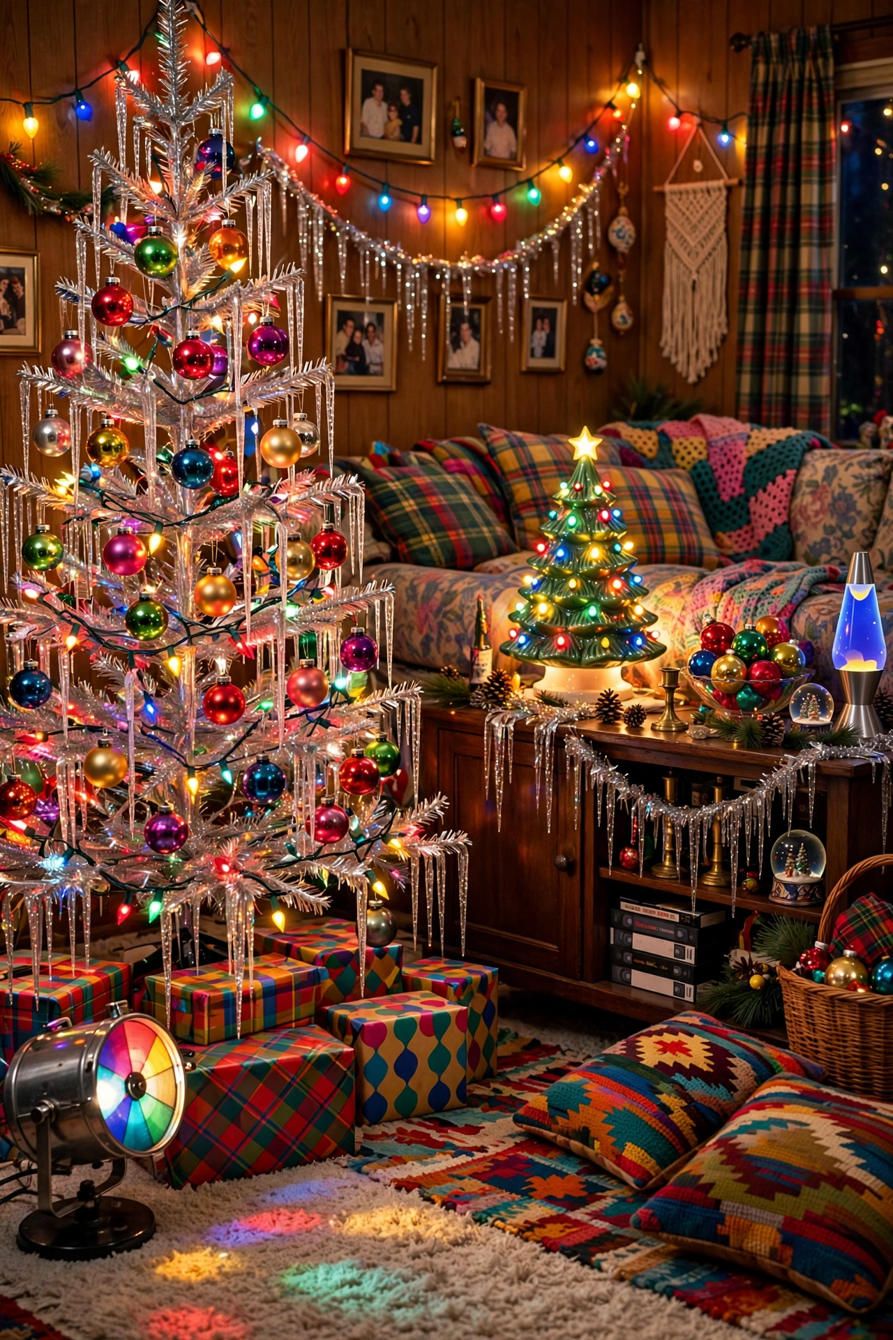 90s nostalgia Christmas living room with aluminum tree, tinsel, and colorful lights