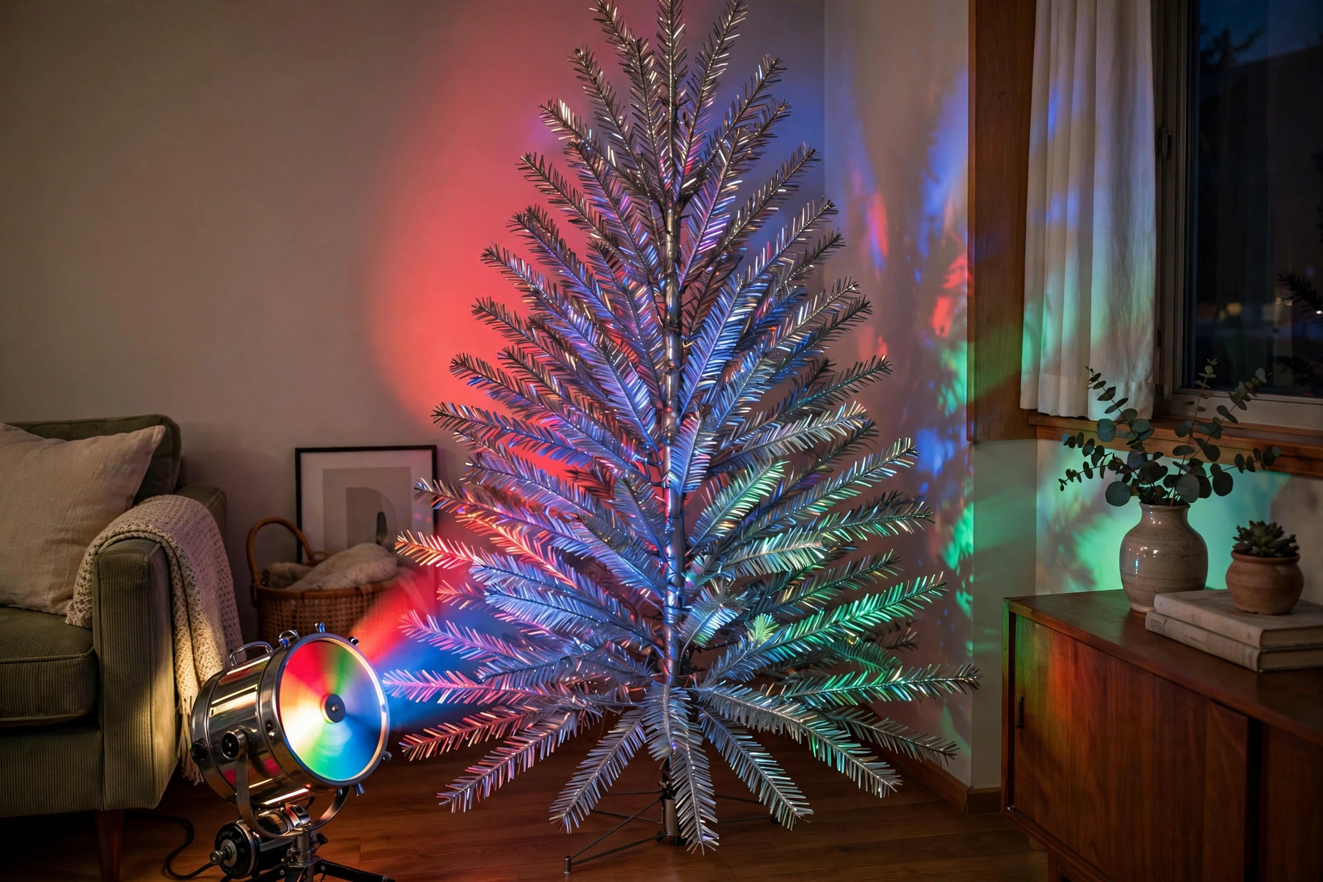 Silver aluminum Christmas tree with rotating color wheel in 90s style living room