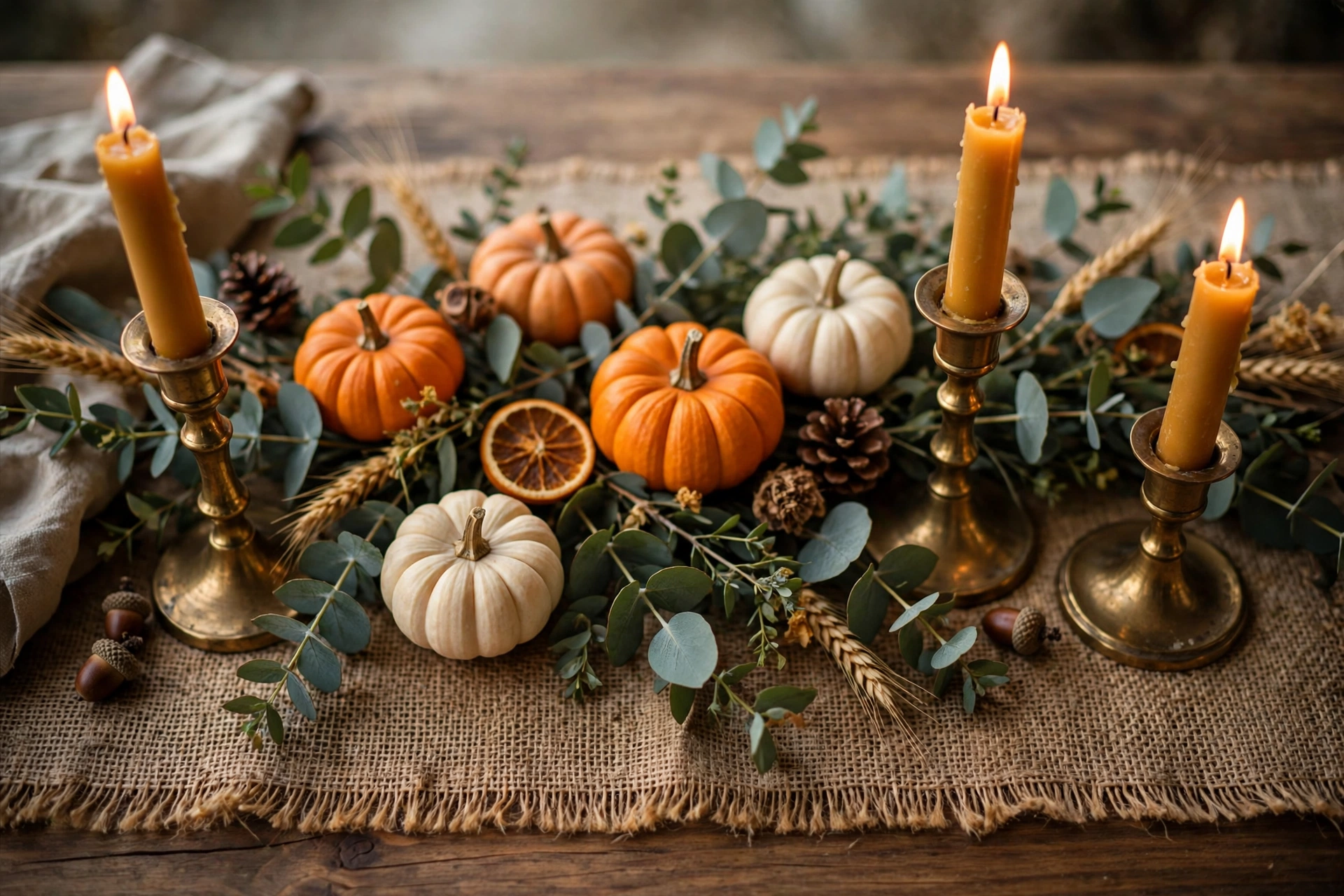 Classic amber harvest Thanksgiving tablescape with burlap runner and brass candlesticks