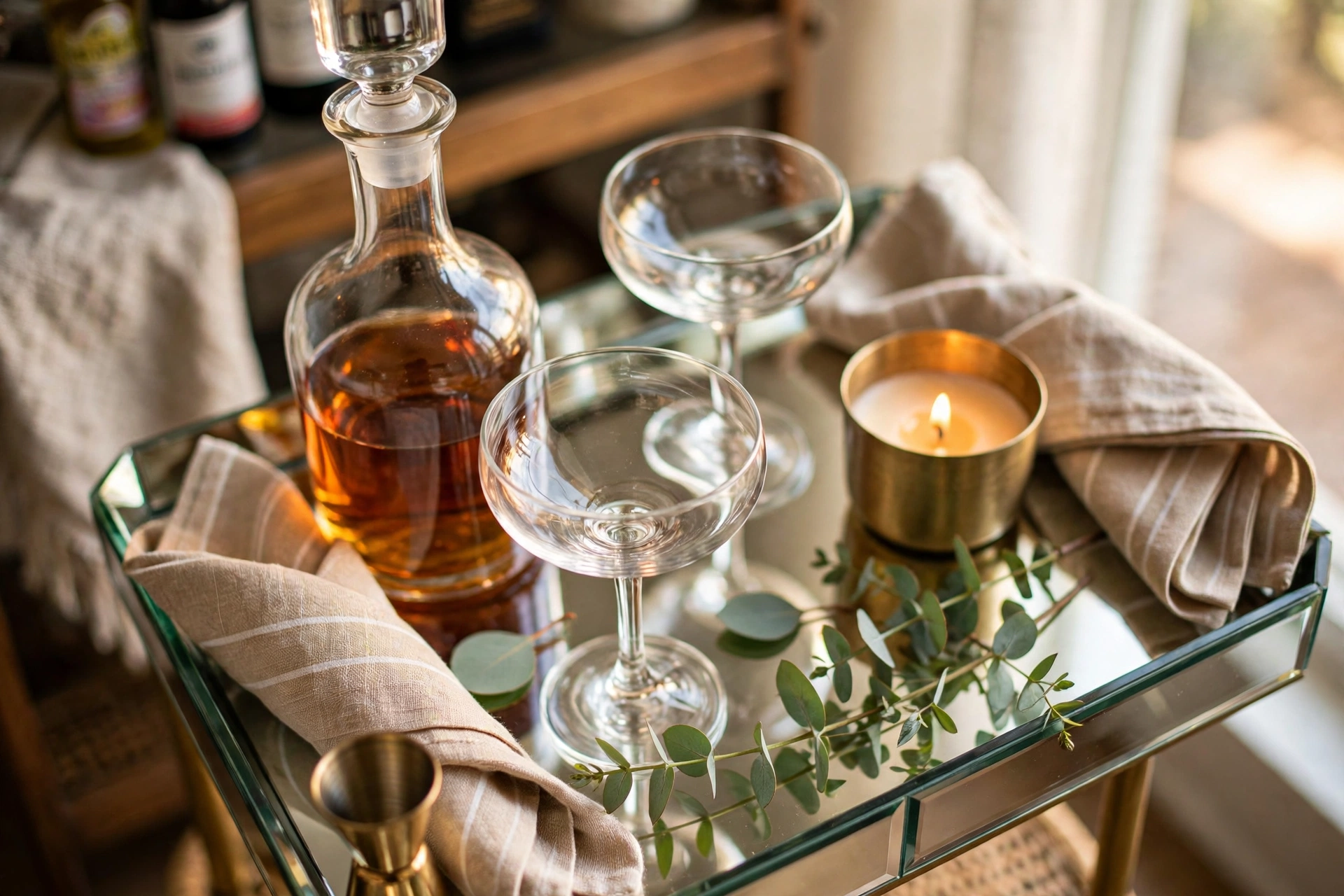 Styled mirrored tray vignette on bar cart