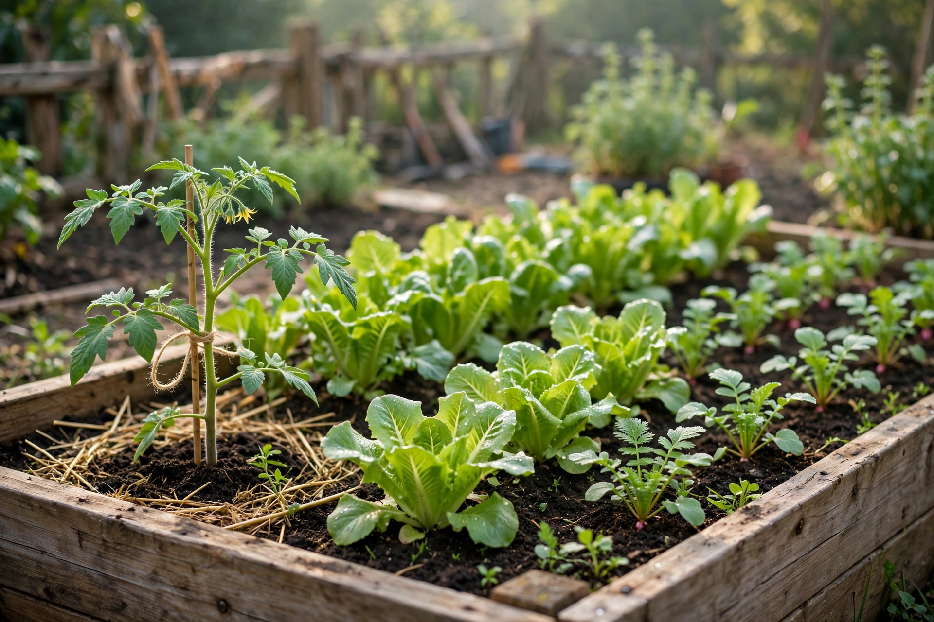 Beginner vegetable crops — tomato, lettuce, and radish — growing in a raised bed