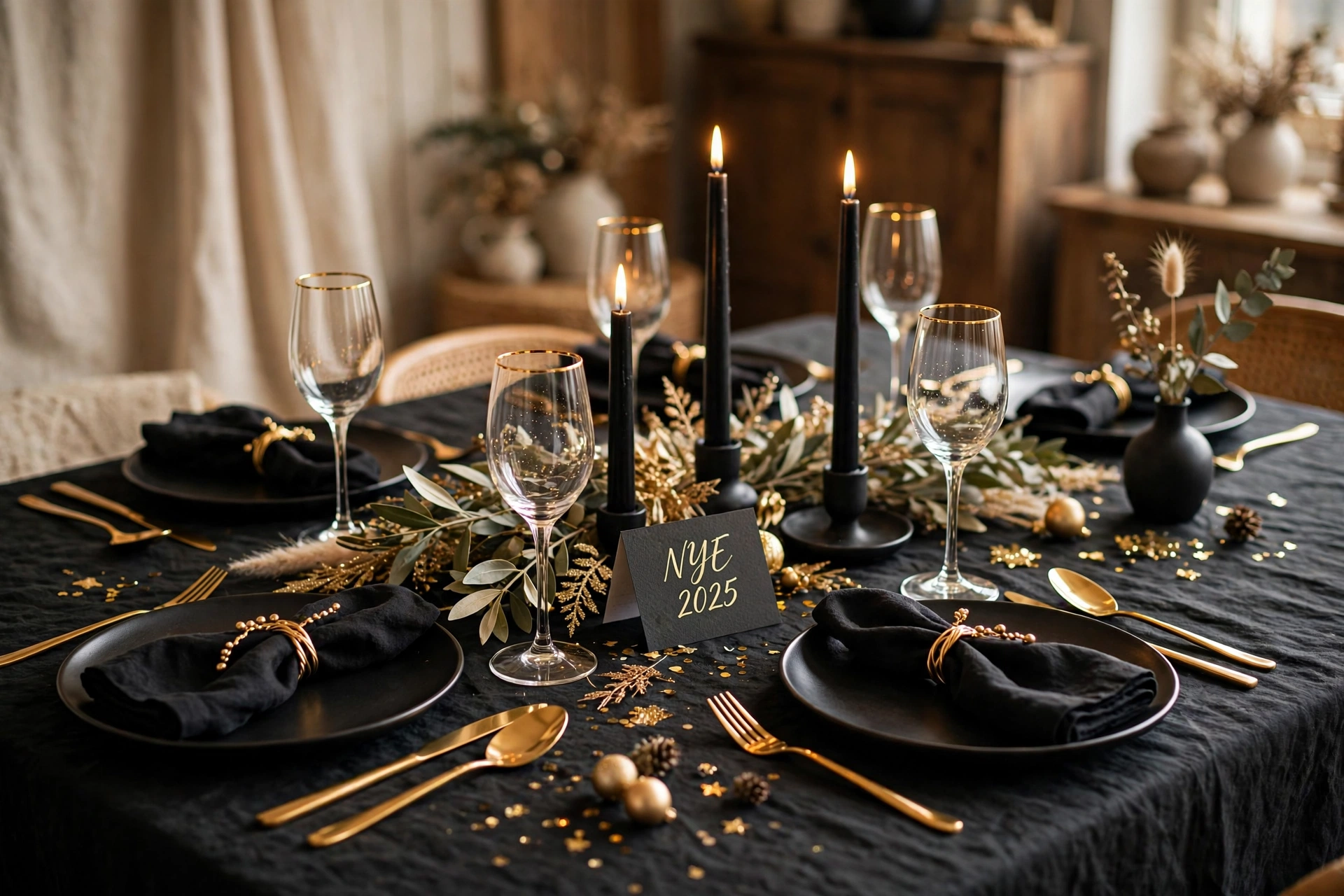 Black and gold NYE table setting with gold flatware