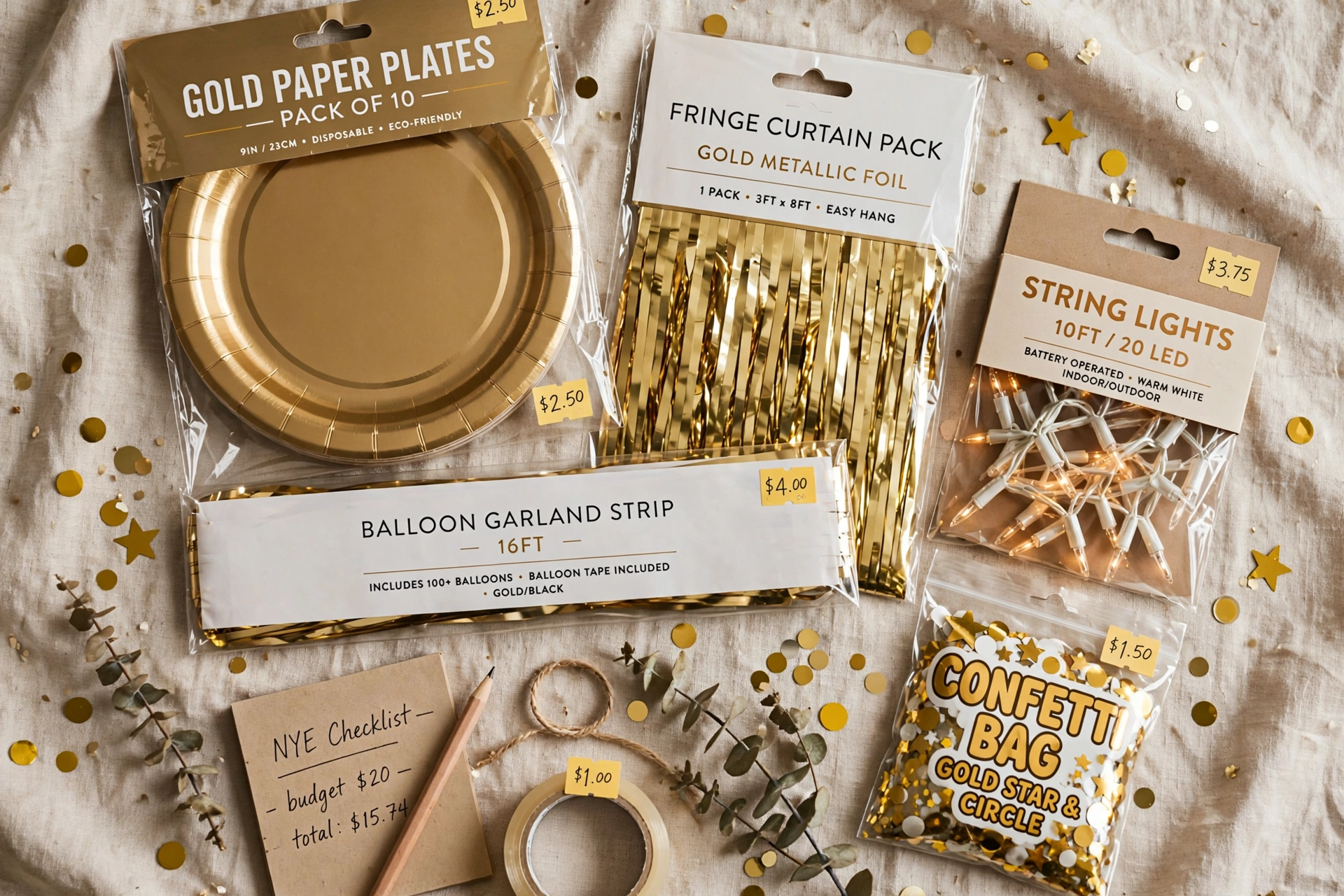Budget NYE party decor supplies flat lay