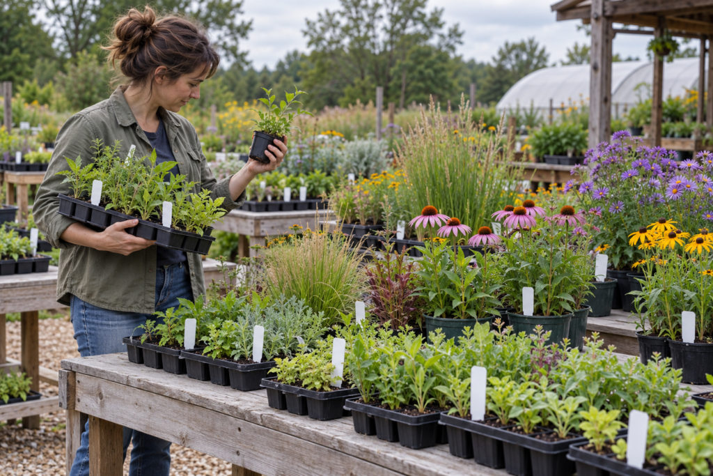 Gardener choosing native plant plugs and potted perennials at an outdoor nursery sale
