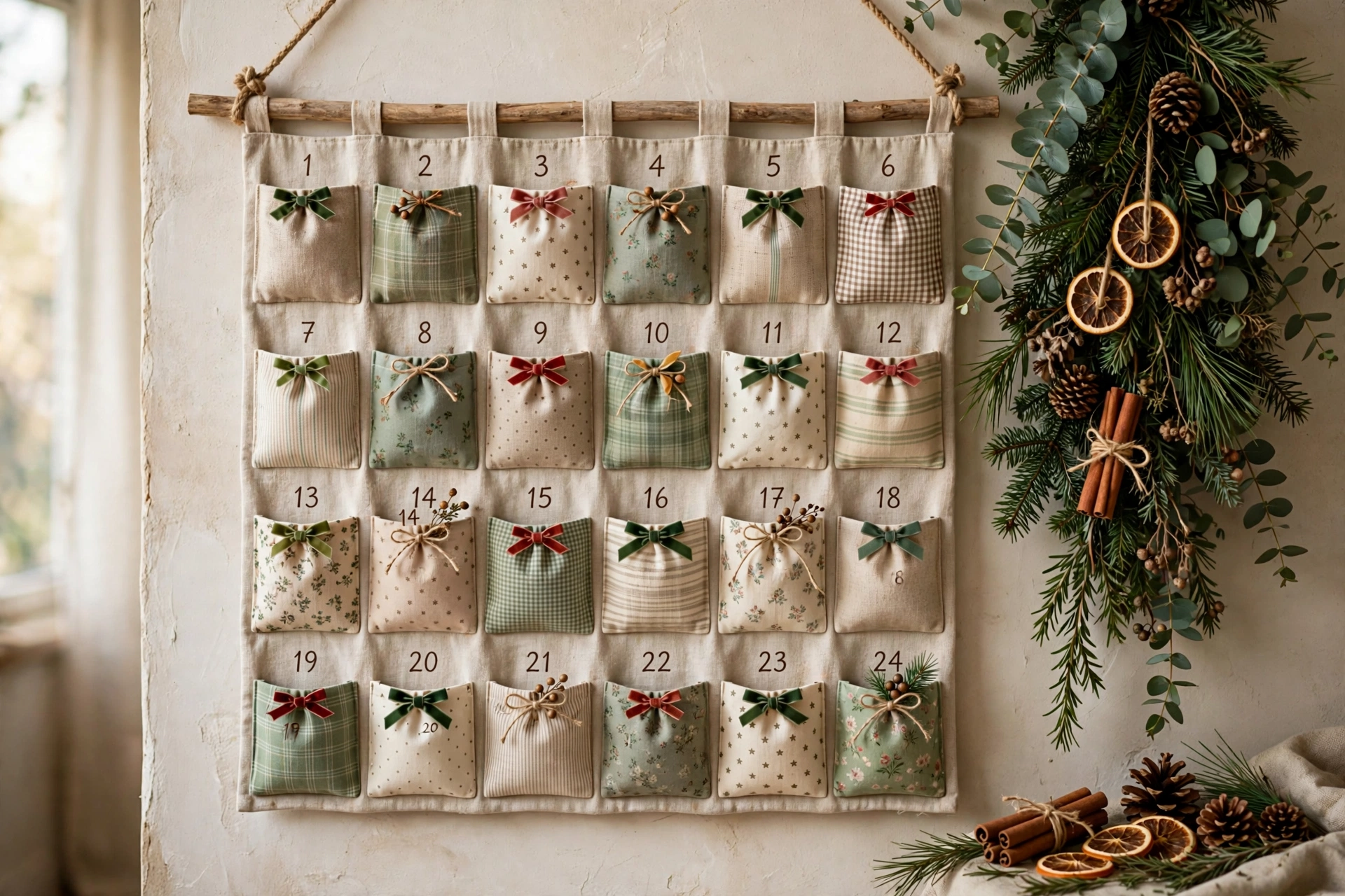Advent calendar with small bows on each pocket