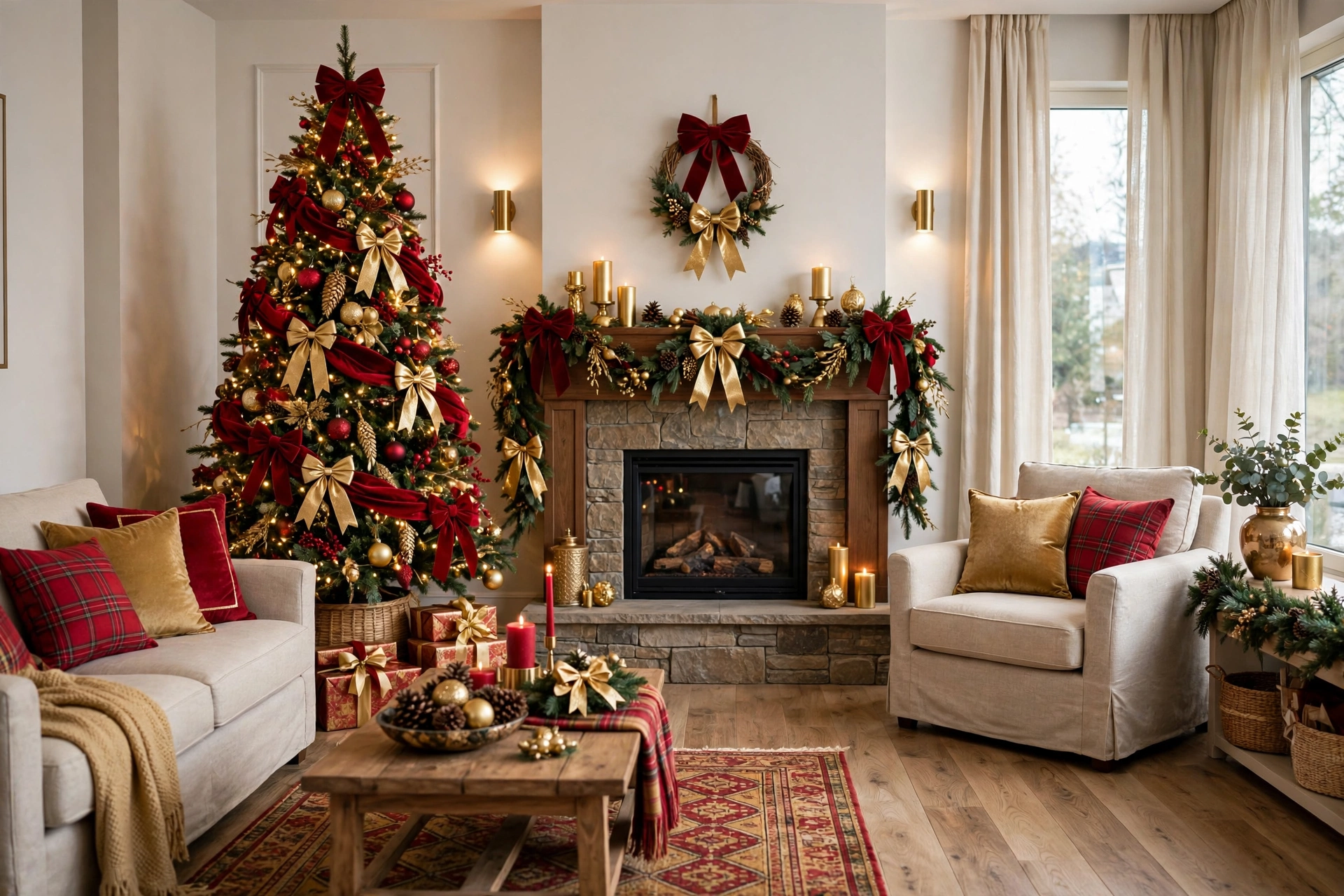 Living room fully decorated with coordinated Christmas bow decor