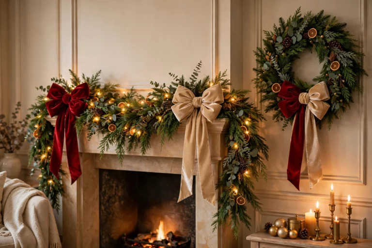 Christmas bow decor on mantel garland with velvet bows in red and gold