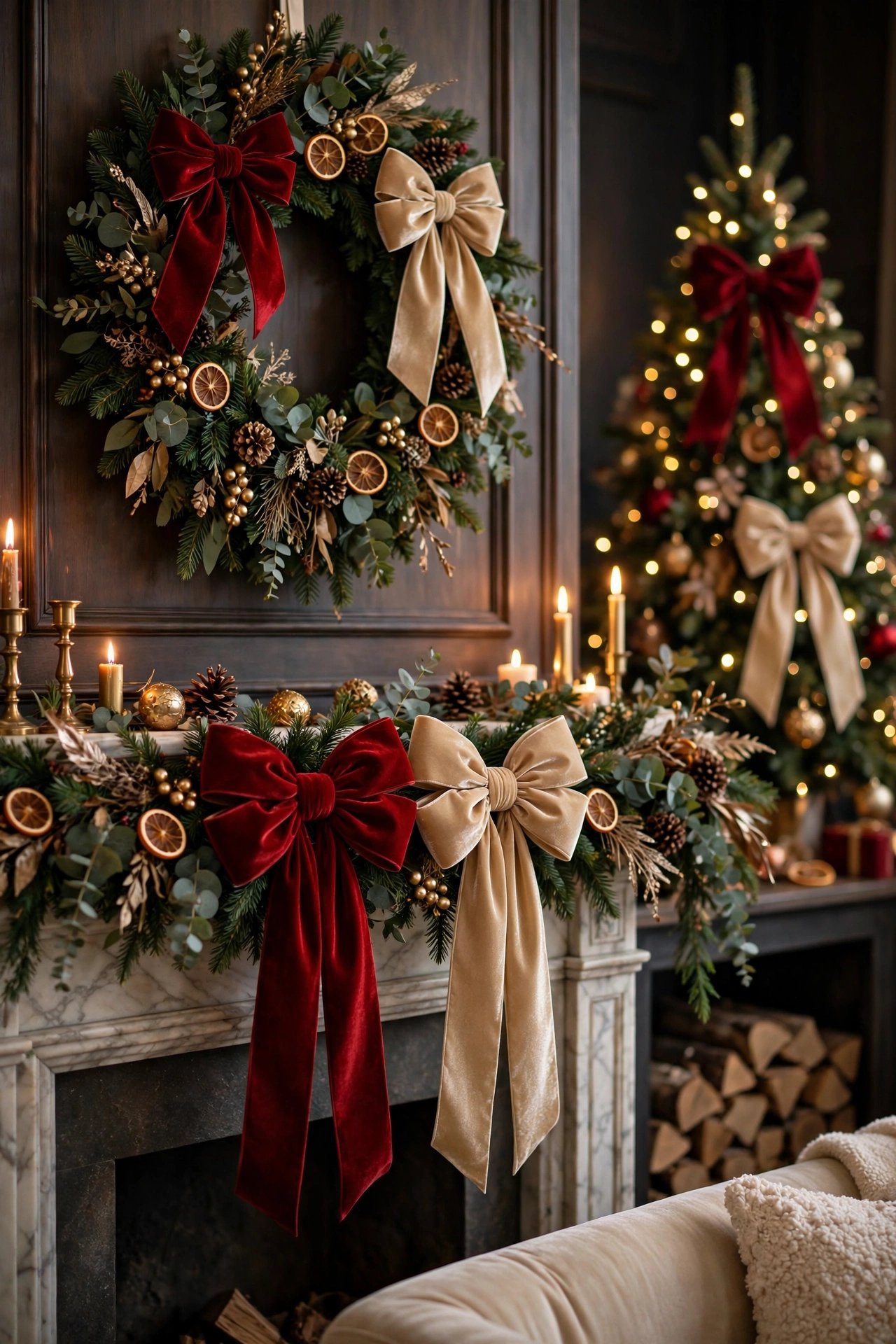 Christmas bow decor on mantel garland with velvet bows in red and gold