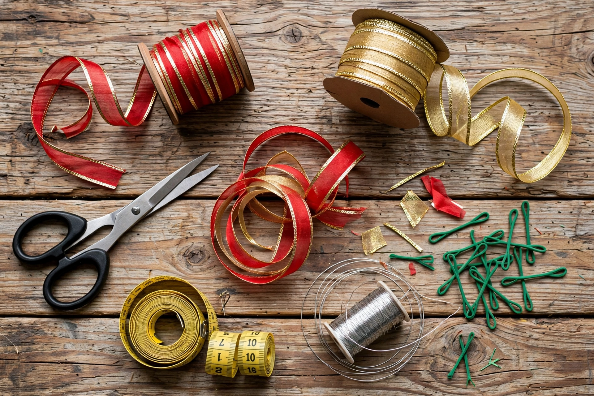 Bow making supplies with wired ribbon scissors and floral wire