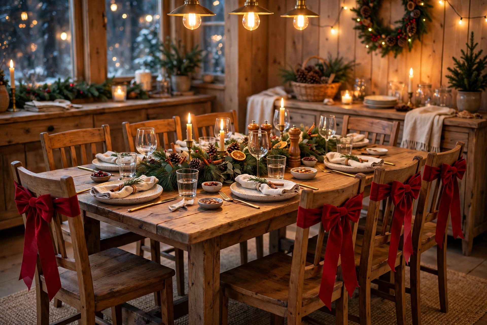 Christmas bows tied on dining chair backs