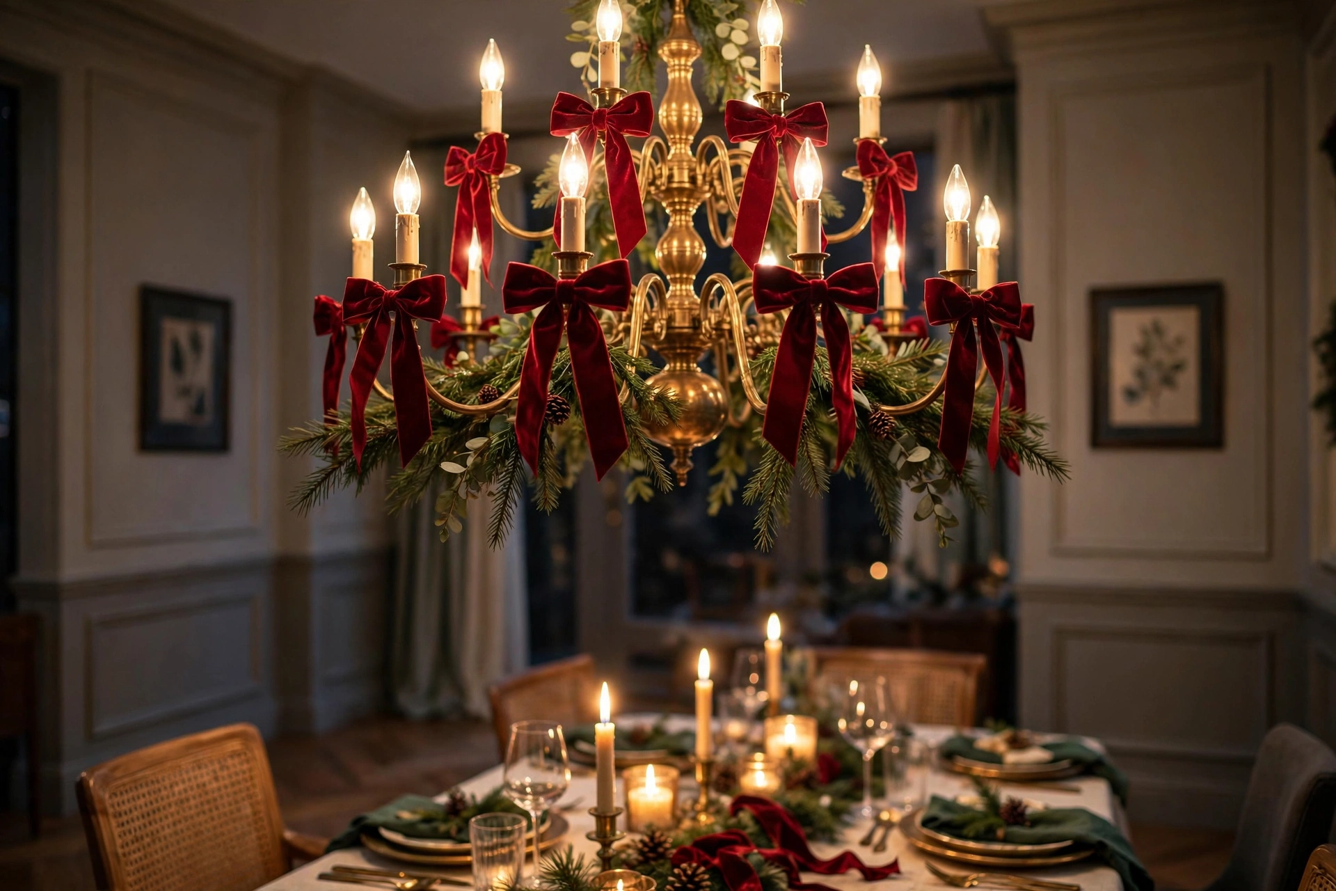 Chandelier decorated with greenery and velvet Christmas bows