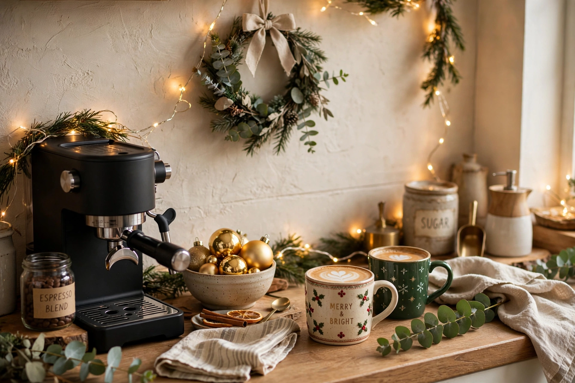 Christmas-decorated home coffee bar with wreath and fairy lights