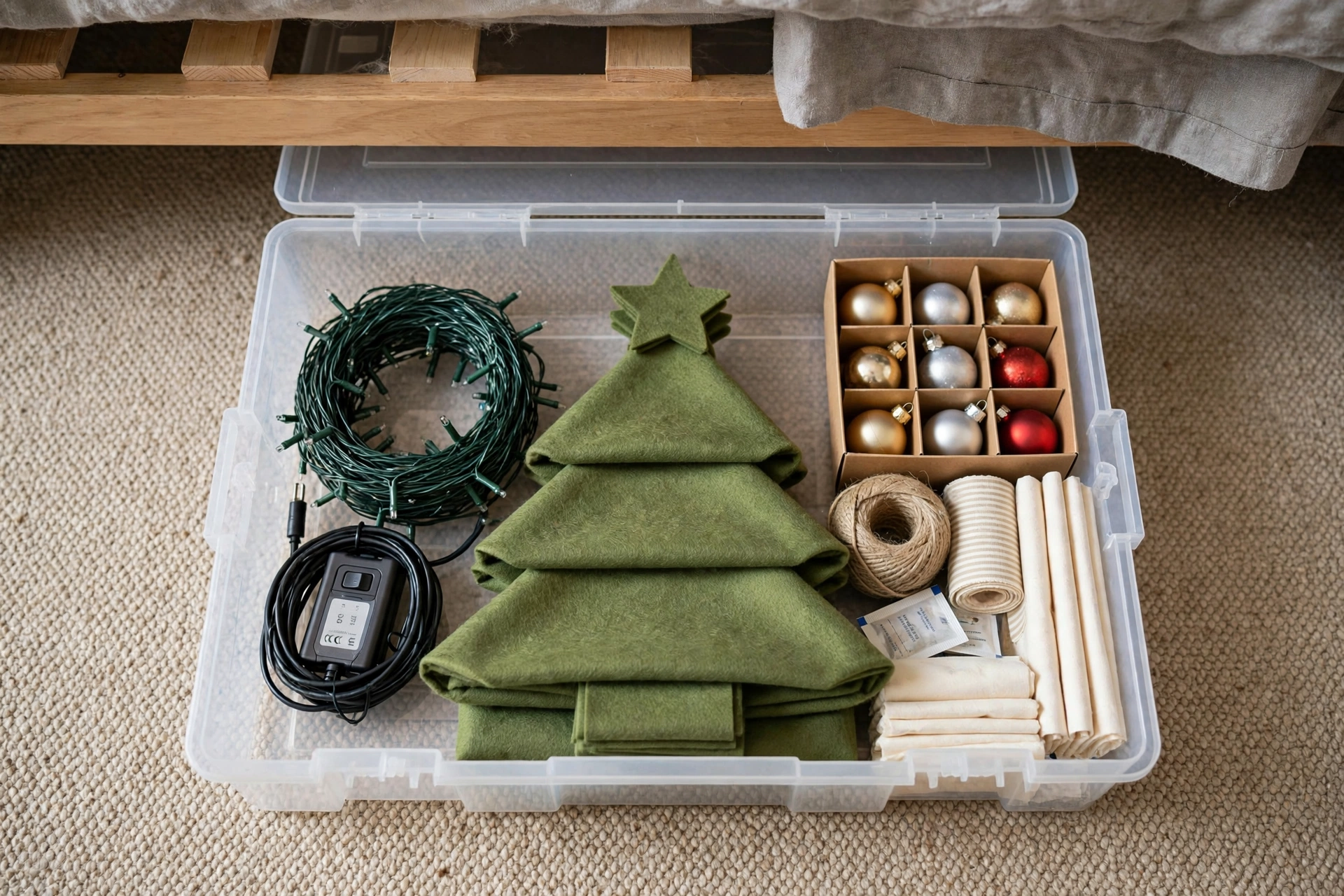 Small apartment Christmas decor packed flat in one under-bed storage box