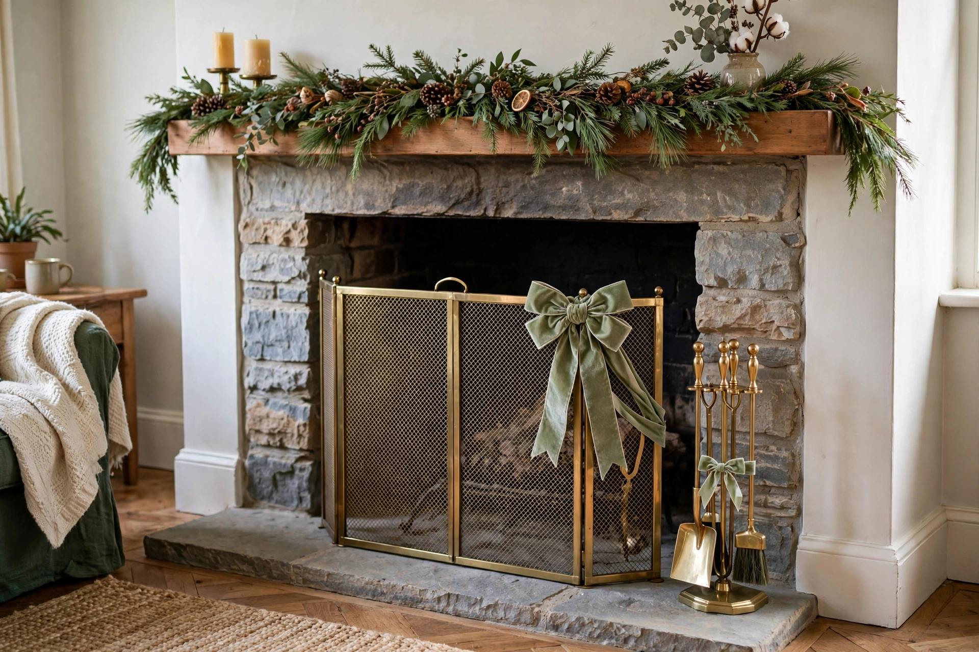 Fireplace screen and tool set decorated with Christmas bows
